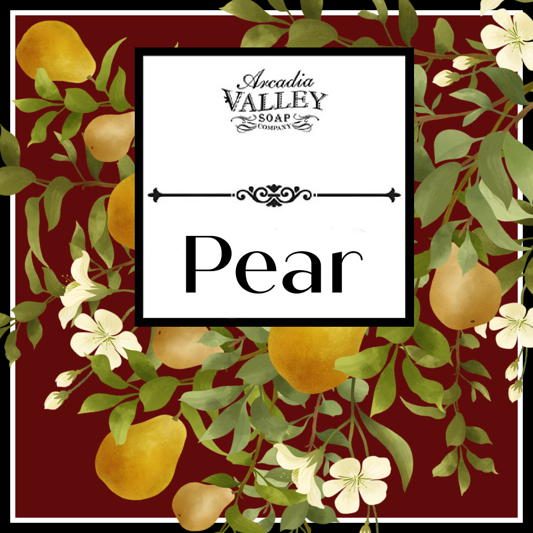 Square graphic of pear label with reddish background and pear fruit and flowers on a black border