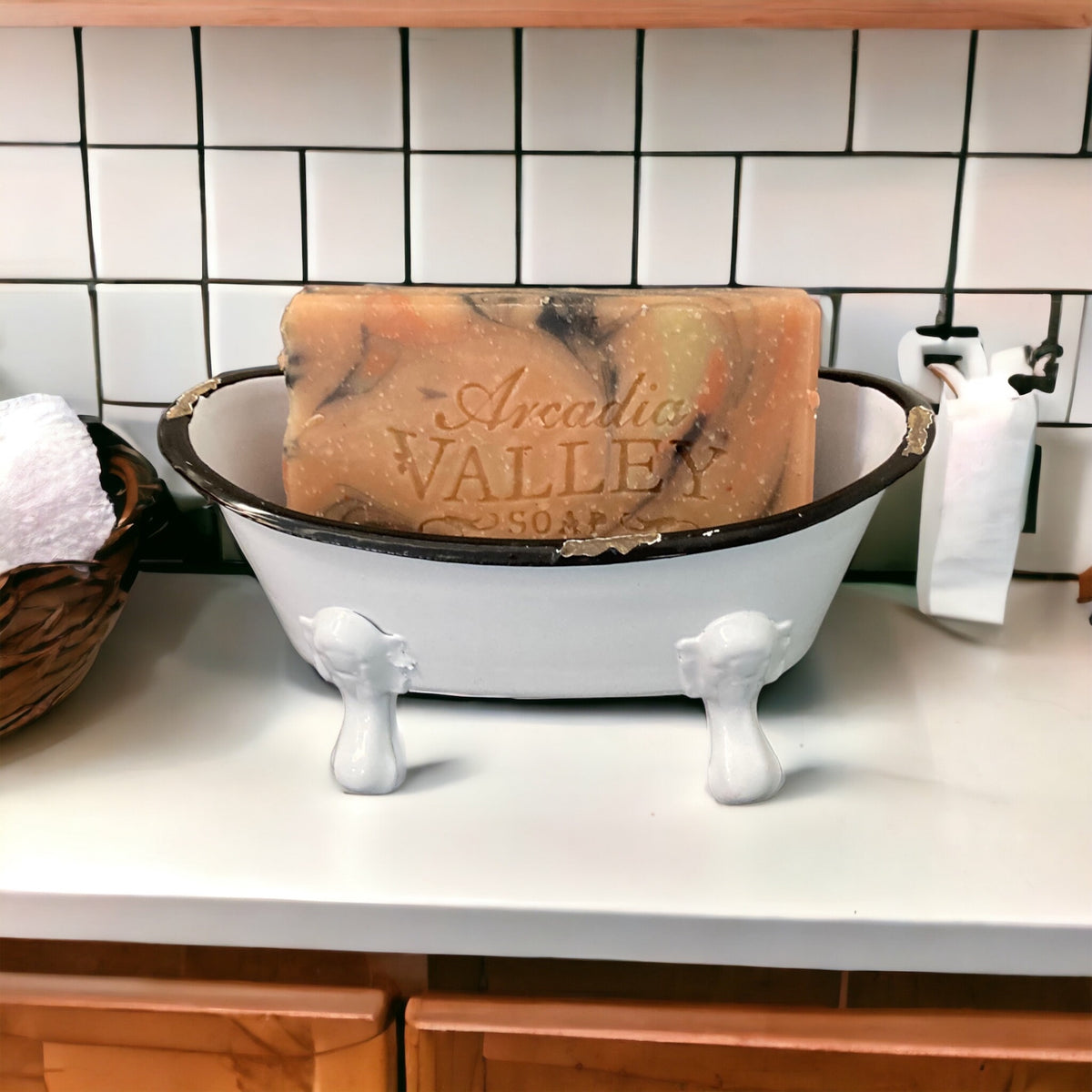 Draining Soap Dish | Fern Valley Soap | Farmhouse White Enameled Metal  Bathtub