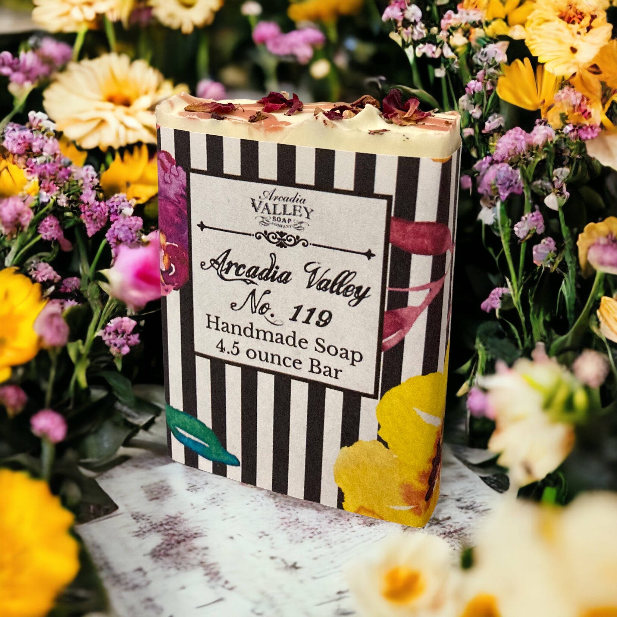 Arcadia Valley No19 Soap in black and white striped wrapper