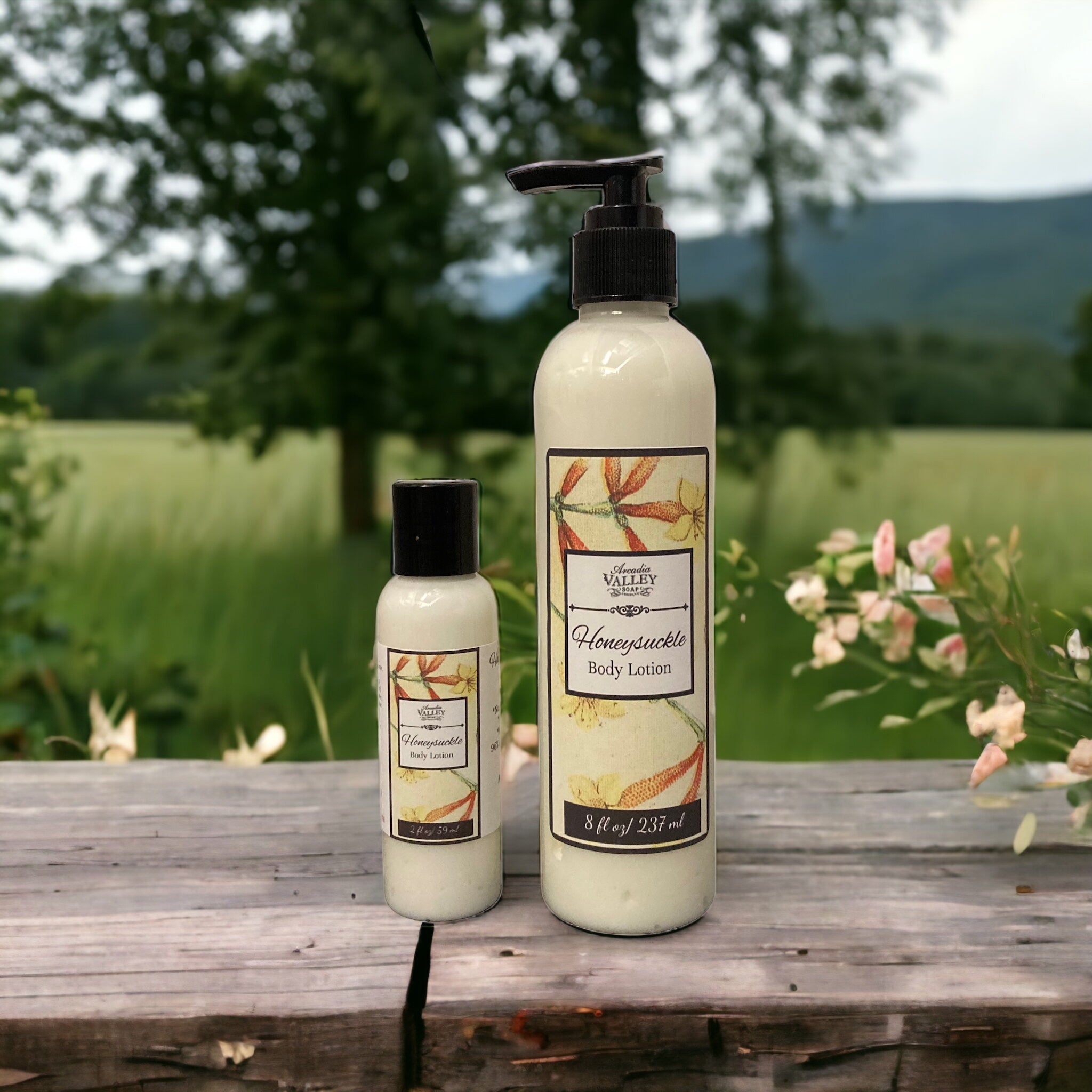 Honeysuckle lotions on wooden table in meadow Arcadia Valley
