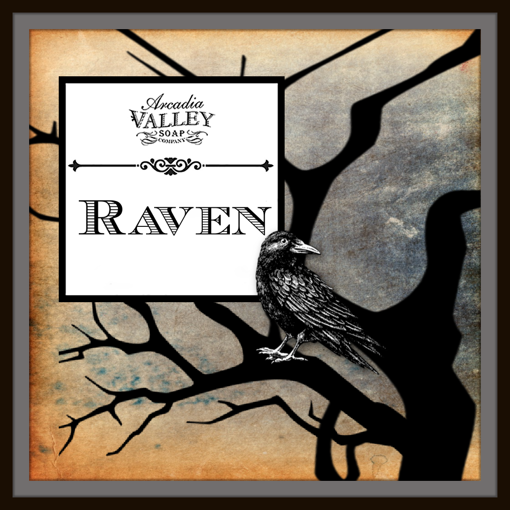 Square graphic of Raven with bird on a black illustrated tree and amber to grey colored background