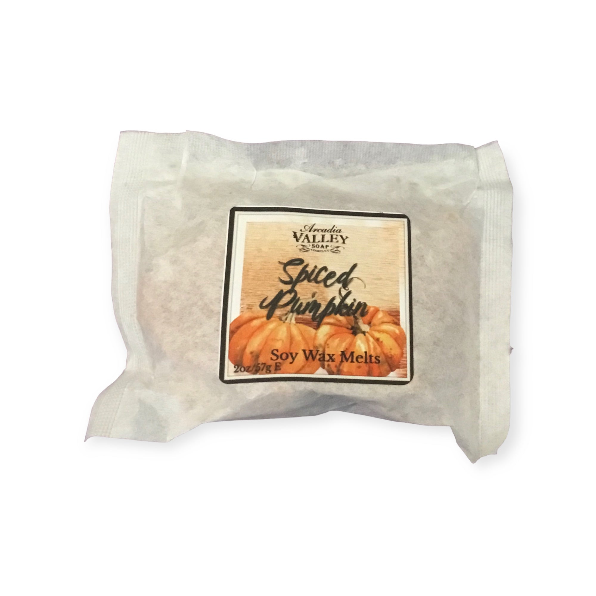Spiced Pumpkin wax melts packed in a white, lightweight paper pouch with decorative label on a white background