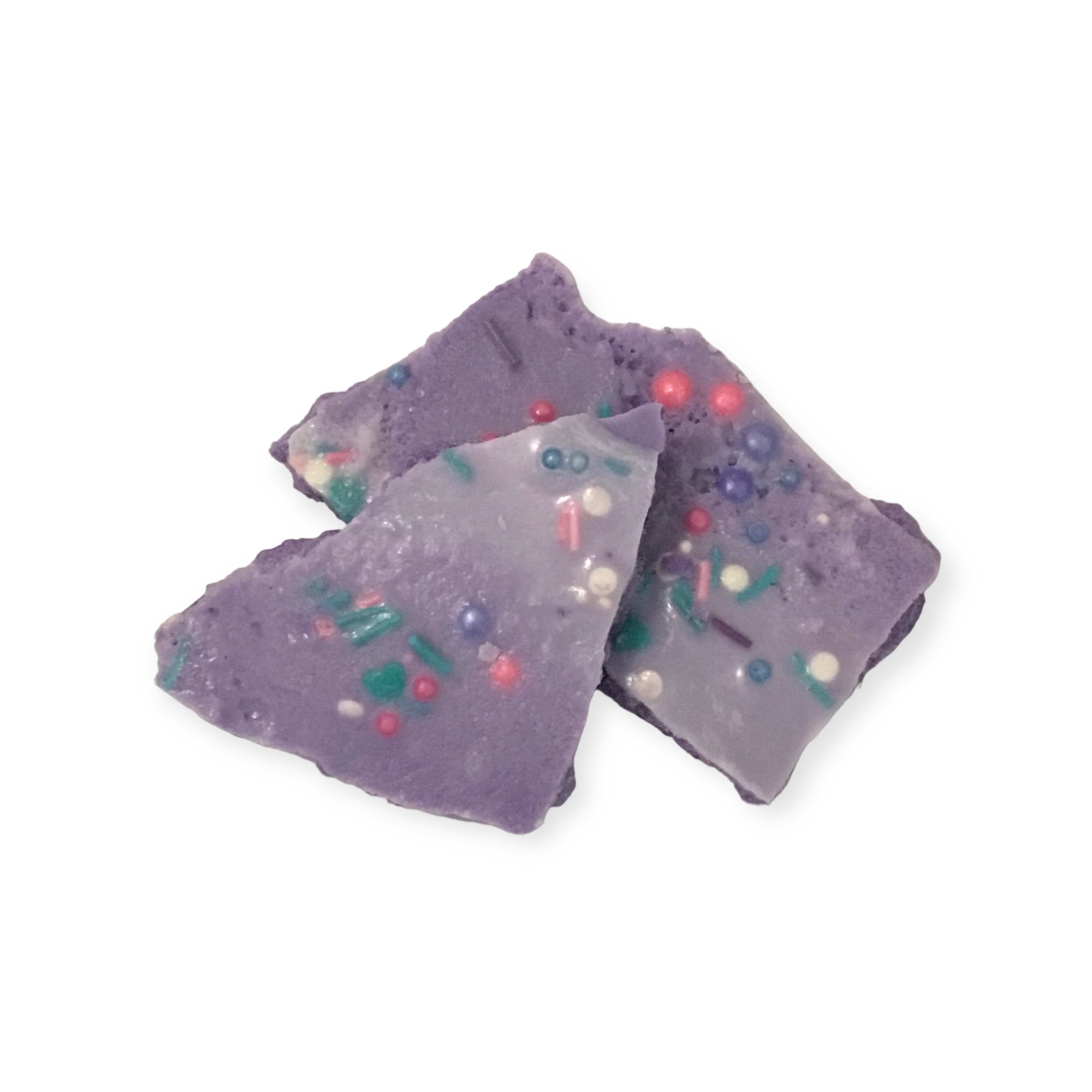 Light Purple colored soy wax bark in ugly sweater fragrance with embedded sprinkles of teal, white, pink and purple on a white background