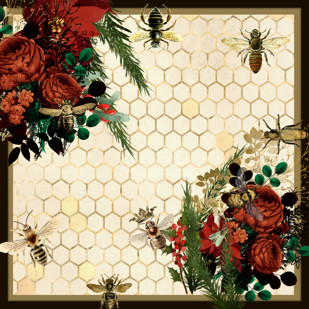 Graphic of honeycomb with bees and winter botanicals