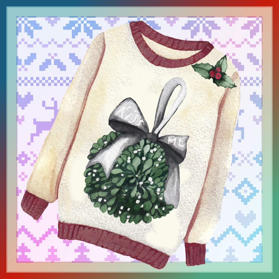 Graphic of a christmas sweater on a multi-colored background 