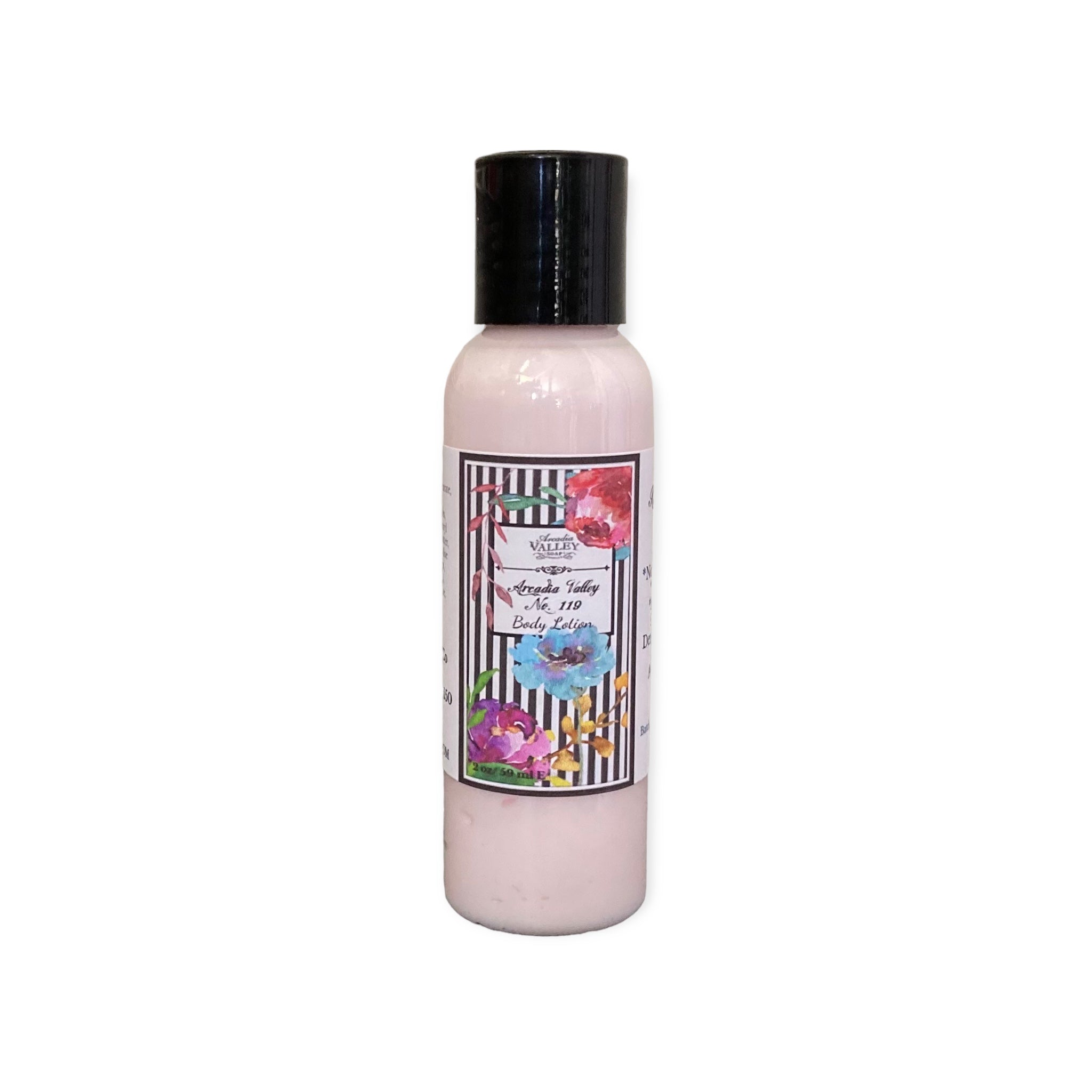 Pink lotion in 2 ounce plastic cap bottle with AVS119 scented lotion